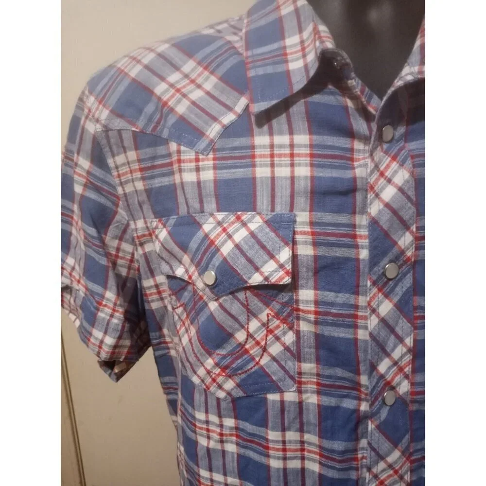 True Religion Western Shirt Button XL Plaid Pockets Short Sleeve Brand Jeans